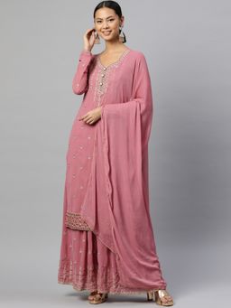 Readiprint - Straight Style Georgette Fabric Mauve Color Kurti with Bottom and Dupatta