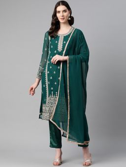 Readiprint - Straight Style Georgette Fabric Teal Color Kurti with Bottom and Dupatta