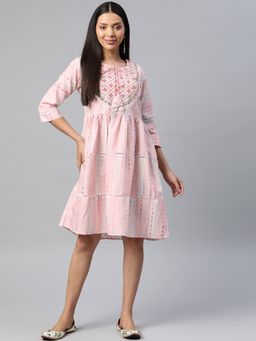 Readiprint - Pink Color Cotton Fabric Tiered Dress