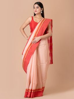 LAA CALCUTTA - Cream & Red Pure Cotton Tant Saree
