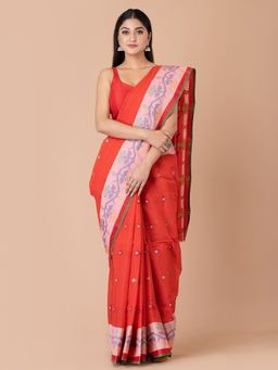 LAA CALCUTTA - Red & Multi Pure Cotton Tant Saree