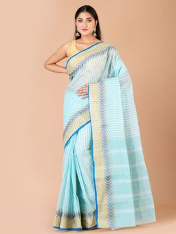 LAA CALCUTTA - Sea Green & Multi Pure Cotton Tant Saree