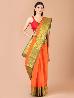 LAA CALCUTTA - Orange & Green Pure Cotton Tant Saree