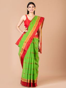 LAA CALCUTTA - Green & Red Pure Cotton Tant Saree