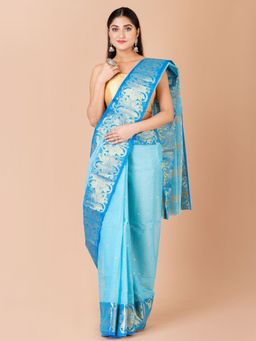 LAA CALCUTTA - Turquoise Blue & Blue Pure Cotton Tant Saree