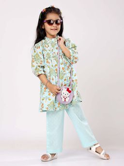 Piccolo Piglet - Girls Green Floral Kurta with Payjama (Set of 2)