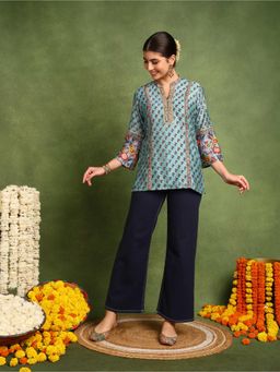 TAHILIYA - Blue Hand Block Printed Chanderi Silk Tunic