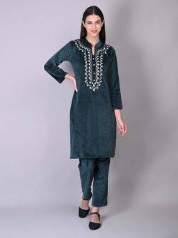 Fnocks - Velvet Yoke Embroidered Kurta Set