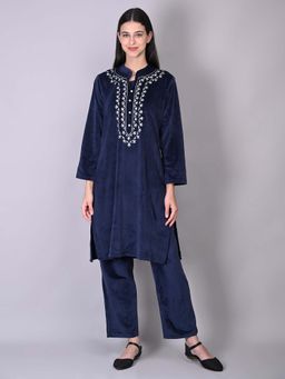 Fnocks - Blue Velvet Yoke Embroidered Kurta Set