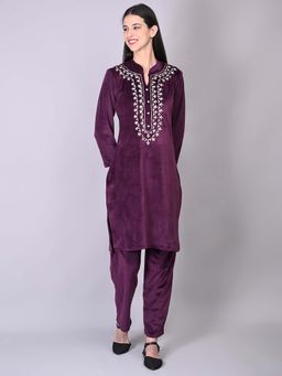 Fnocks - Velvet Yoke Embroidered Kurta Set