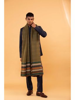 Modarta By Kamakshi - Green Wool Hand Woven Shawl with Striped Border