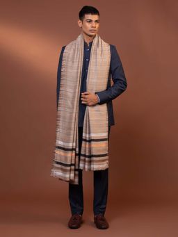 Modarta By Kamakshi - Beige Fine Wool Shawl with Striped Woven
