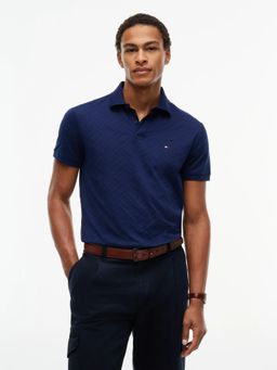 Tommy Hilfiger - Blue Self-Design Regular Fit Cotton Polo T-Shirt