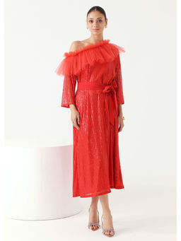 Ashico - Donna Sequence Dress with Belt - Red (Set of 2)