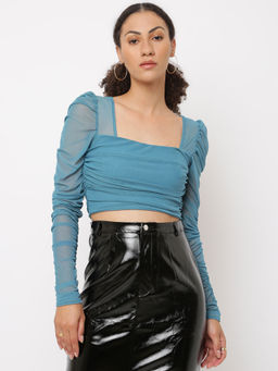 Missguided - Blue Ruched Front Mesh Milkmaid Top