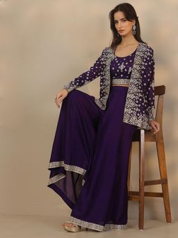 Libas - Women Purple Embroidered Crop Top with Palazzo and Jacket (S)