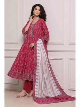 Biba - Women Pink Cotton Anarkali Kurta with Pant and Dupatta