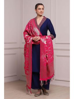Biba - Women Navy Blue Straight Kurta with Palazzo and Woven Dupatta