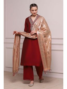 Biba - Women Maroon Straight Kurta with Palazzo and Woven Dupatta