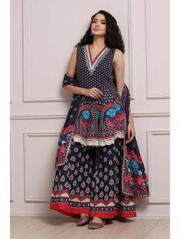 Biba - Women Navy Blue Floral Printed Kurti with Sharara and Dupatta