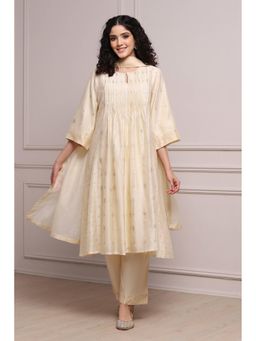 Biba - Women Cream Silk A-Line Woven Kurta with Palazzo and Dupatta