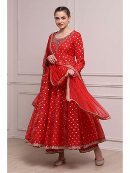 Biba - Women Red Woven Kalidar Anarkali Kurta with Palazzo and Dupatta