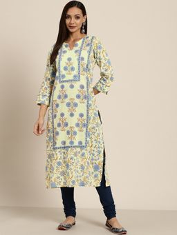 Rain & Rainbow - Women Green and Blue Pure Cotton Floral Print Kurta
