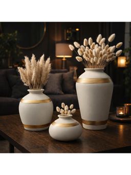 eCraftIndia - Ceramic White Vase With Golden Line Pack Of 3 Home Decoration
