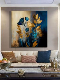 999Store - Deep Blue And Metallic Gold Botanical Painting For Elegant Home Decor