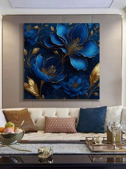 999Store - Elegant Blue & Gold Floral Art Print - Luxurious Botanical Wall Decor For Home Interiors