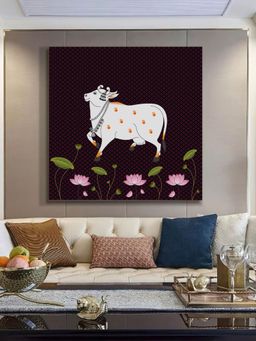 999Store - Pichwai Cow Art Print - Decorative White Cow With Jewellery Flowers