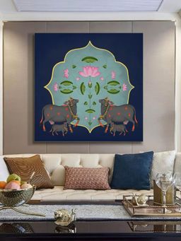 999Store - Traditional Indian Art Print - Ornate Black Cows And Lotus Flowers On Blue Background