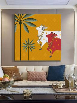 999Store - Cow Pichwai Art Print Palm Trees On Golden Background
