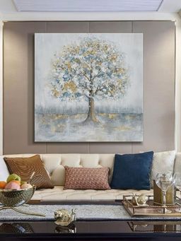 999Store - Serene Tree Art Print - Elegant Gold And White Leaves On Soft Pastel Background