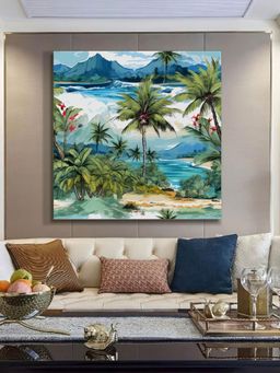 999Store - Tropical Beach Art Print - Vibrant Palm Trees, Mountains, And Turquoise Sea Painting
