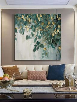 999Store - Elegant Leaf Art Print - Serene Green And Gold Branches With Soft Gradient Background