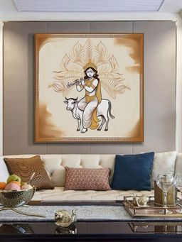 999Store - Art Print - Lord Krishna Playing Flute On Cow With Intricate Gold Accents