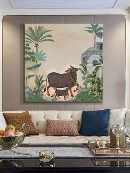 999Store - Garden Art Print - Elegant Black Cow & Calf With Tropical Foliage Historic Architecture