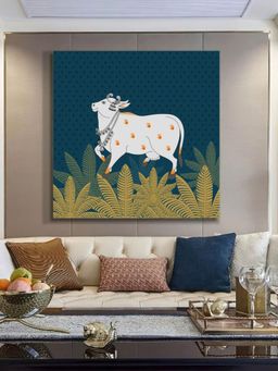 999Store - Cow Art Print - Decorative White Cow With Gold Foliage On Deep Blue Background