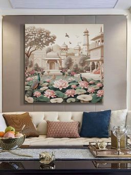 999Store - Garden Art Print - Serene Lotus Pond And Elegant Architecture With Peacocks