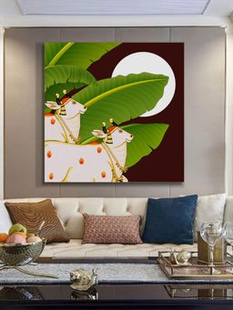 999Store - Cow Art Print - Decorative White Cows With Lush Green Leaves And Full Moon