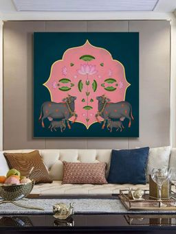 999Store - Symmetrical Cow And Lotus Flower Art Print - Decorative Traditional Painting
