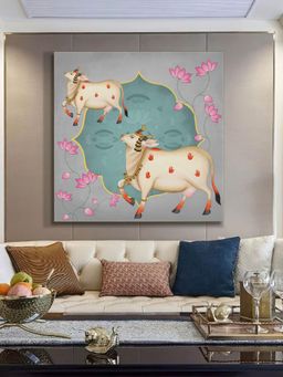999Store - Ornamental Cow And Lotus Flower Art Print - Decorative Traditional Painting