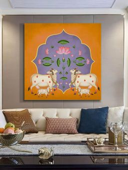 999Store - Vibrant Ornamental Cow And Lotus Flower Art Print - Traditional Decorative Painting