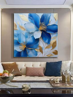 999Store - Elegant Blue And Gold Flower Painting - Modern Floral Art