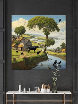 999Store - A Peaceful Village Scene By A River With Cows Grazing And Birds By The Water Painting