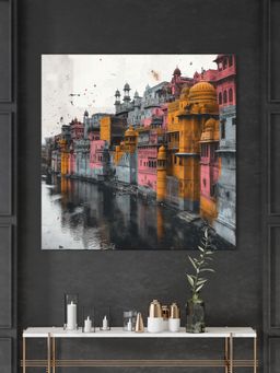 999Store - Colourful Reflections On The River Of Vibrant Buildings Along A River River Painting