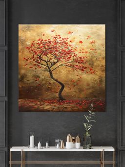 999Store - Autumn'S Whisper A Solitary Tree With Red Leaves With Leaves Gently Falling Painting