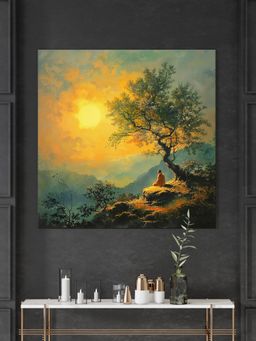 999Store - Showing A Monk Meditating On A Hill Under A Setting Sun And Tree Painting