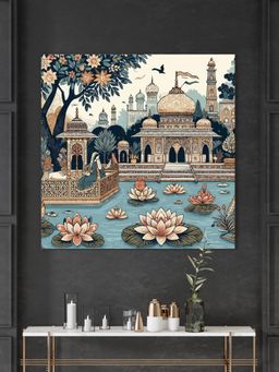 999Store - Traditional Indian Palace With Lotus Pond Indian Art Painting With Frame